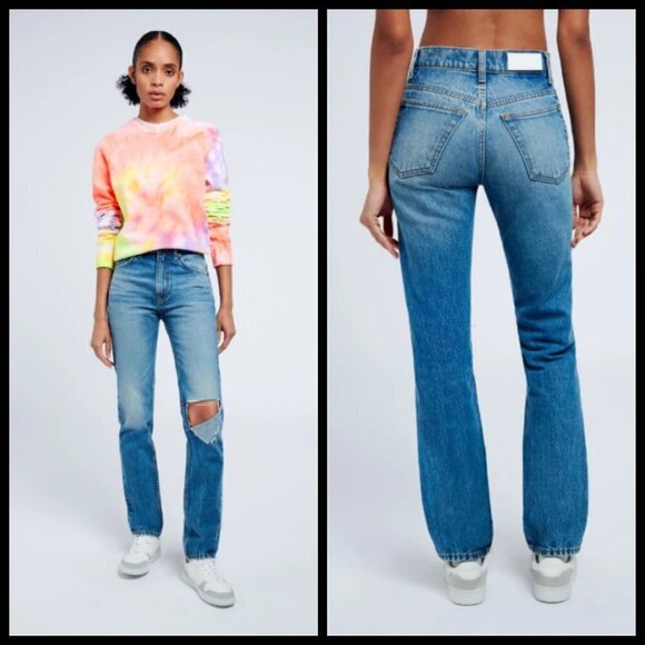 💕RE/DONE💕 70's Straight Leg Jeans ~ Daring Indigo With Rip High Waist 31 NWOT - Picture 6 of 16